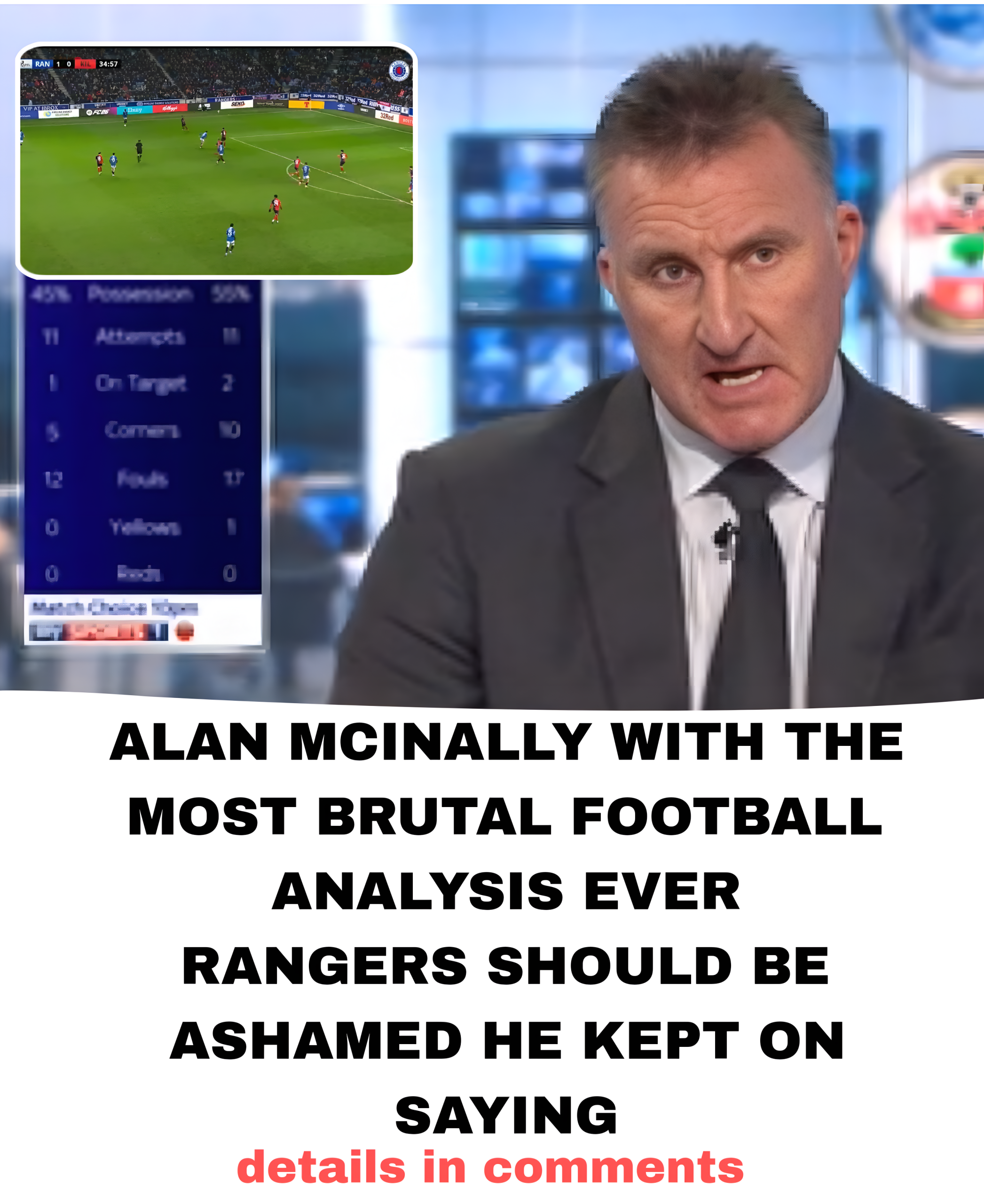 “I’m ashamed of rangers 😞   See what they need to do to win a football game these days…   Alan McInally didn’t care that his on a live TV as he roasted rangers after their win against Kilmarnock today